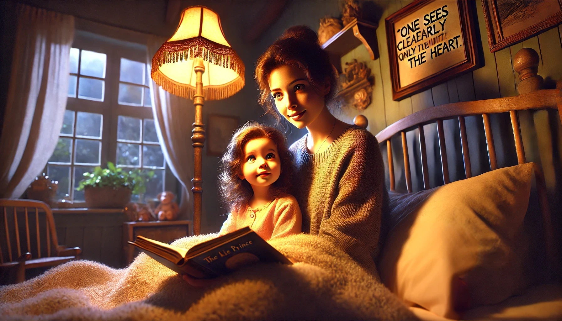 Das mit KI generierte Bild zeigt ein gemütliches Kinderzimmer, das in warmes Licht von einer altmodischen Nachttischlampe getaucht ist, die weiche Schatten an die Wände wirft. Auf dem Bett sitzt ein kleines Mädchen, Natali, neben ihrer Mutter. Natali hat lockiges, braunes Haar und schaut mit großen, leuchtenden Augen in Richtung ihrer Mutter, die ihr lächelnd aus einem Buch vorliest. Auf dem Buchrücken ist der Titel "The Litle Prince" zu ahnen. Die Mutter hat ebenfalls braunes Haar und trägt einen gemütlichen Pullover. Im Hintergrund sind ein Fenster mit Vorhängen, Pflanzen auf der Fensterbank und ein Schild an der Wand mit der Aufschrift 'One sees clearly only with the heart' zu sehen.