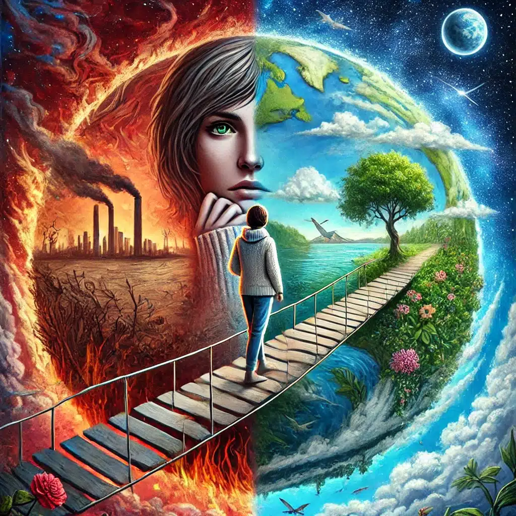 Symbolische, surrealistische Illustration: Eine nachdenkliche Frau mit kurzen, braunen Haaren und natürlichen grünen Augen steht auf einer schmalen Holzbrücke, die über eine in zwei Hälften geteilte Erdkugel führt. Die linke Seite zeigt Umweltzerstörung und Krieg mit dürrer Landschaft, Flammen und Konfliktschatten in intensiven Rottönen. Die rechte Seite symbolisiert eine blühende Welt mit lebendigem Grün, Blumen und friedlichem Himmel in strahlendem Blau. Im Hintergrund erstreckt sich ein kosmischer Sternenhimmel, der Hoffnung und unendliche Möglichkeiten betont. Die Brücke steht für den unsicheren Balanceakt zwischen Chaos und Harmonie.