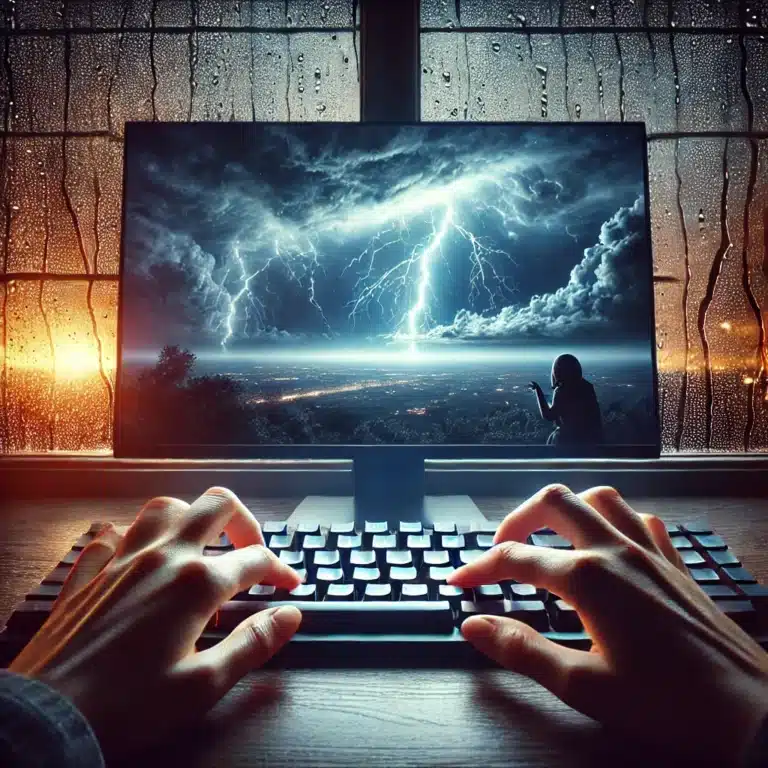 Eine realistische Darstellung eines Computerbildschirms, auf dem ein Gewittersturm dargestellt wird. Hinter dem Bildschirm durchbricht ein Sonnenstrahl den Regenhimmel. Im Vordergrund tippen zierliche Frauenhände auf einer Tastatur, beleuchtet vom sanften Licht des Bildschirms. Im Hintergrund dominieren dunkle Wolken, Regenschlieren und das Leuchten von Blitzen, die die Atmosphäre des Sturms verstärken.