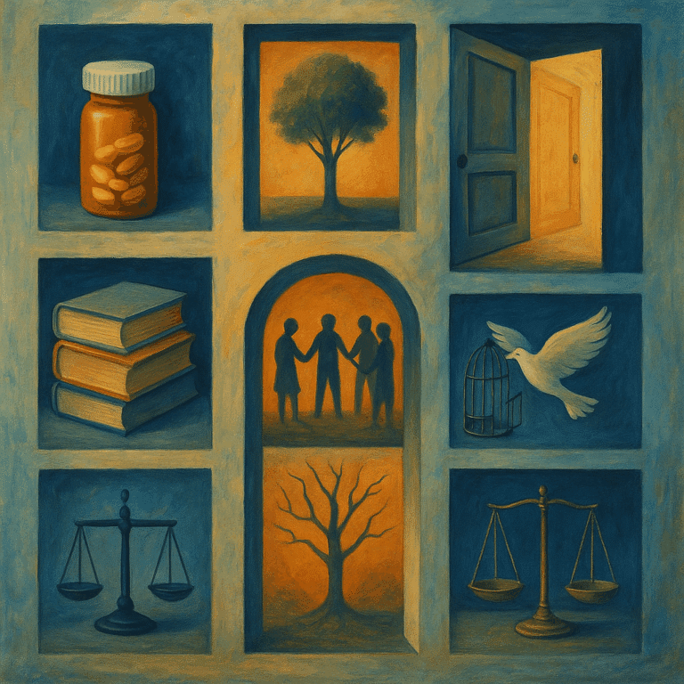 Illustrative Collage aus neun Fenstern und Türen in einer Wand: In einzelnen Öffnungen sind symbolische Szenen zur Psychiatrie zu sehen – eine Pillendose, ein Baum, eine offene Tür, Bücherstapel, eine Gruppe von Menschen, ein kahler Baum, eine Waage und ein Vogel, der aus einem Käfig fliegt. Alles in warmen Blau- und Orangetönen gemalt.