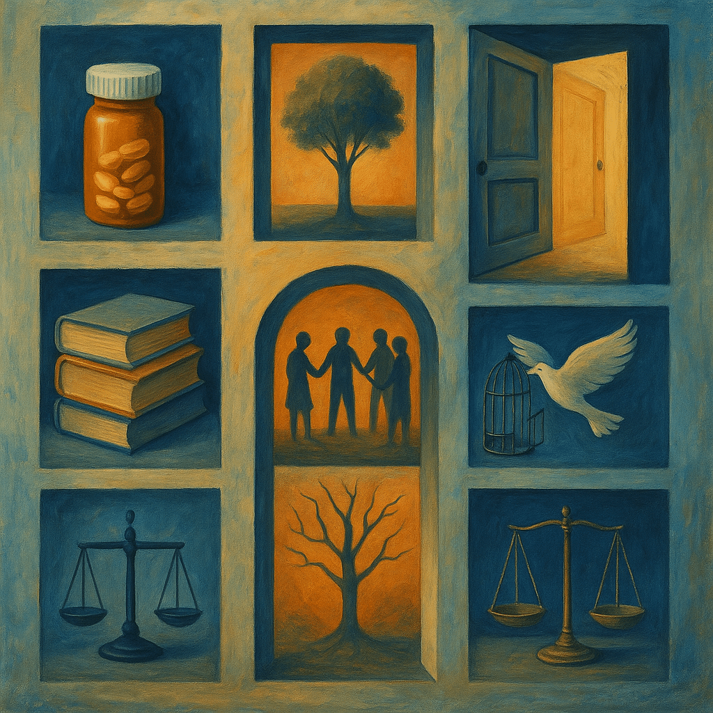 Illustrative Collage aus neun Fenstern und Türen in einer Wand: In einzelnen Öffnungen sind symbolische Szenen zur Psychiatrie zu sehen – eine Pillendose, ein Baum, eine offene Tür, Bücherstapel, eine Gruppe von Menschen, ein kahler Baum, eine Waage und ein Vogel, der aus einem Käfig fliegt. Alles in warmen Blau- und Orangetönen gemalt.