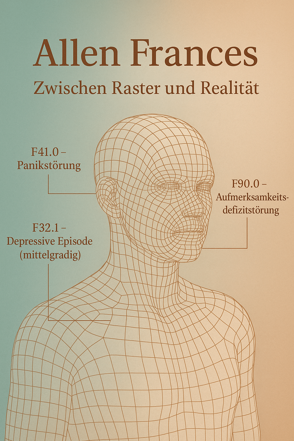 Symbolische Illustration eines menschlichen Oberkörpers als feines 3D-Wireframe-Modell. Linien führen zu psychiatrischen Diagnoseschlüsseln wie F41.0 Panikstörung, F32.1 Depressive Episode und F90.0 Aufmerksamkeitsdefizitstörung. Oben steht der Titel „Allen Frances – Zwischen Raster und Realität“. Farbgebung in sanften Grünblau-, Sand- und Kupfertönen.