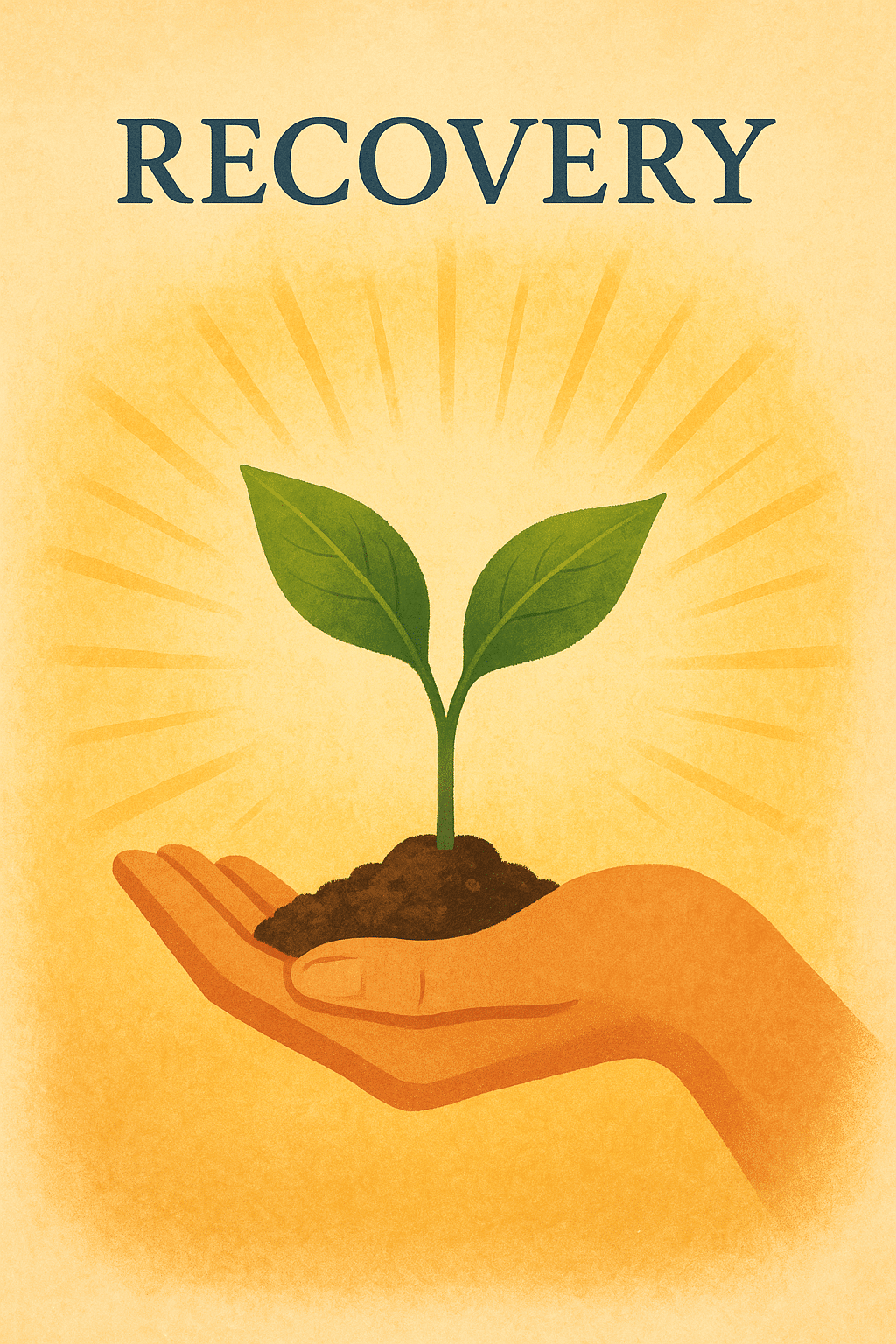 Symbolische Illustration zum Thema Recovery: Eine grüne Pflanze wächst aus dunkler Erde, gehalten von einer schützenden Hand. Warmes goldenes Licht strahlt von hinten und symbolisiert Hoffnung, Wachstum und Selbstheilung. Darüber steht das Wort „RECOVERY“ in klarer, dunkler Schrift.