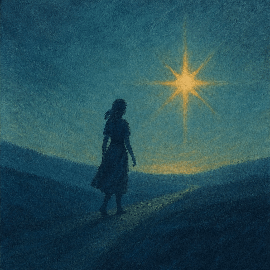 Symbolische Illustration einer Frau, die in der Dämmerung einem leuchtenden Stern entgegengeht. Die Szene ist in sanften Grünblau- und Goldtönen gehalten. Sie vermittelt Hoffnung, Würde und stille Entschlossenheit – inspiriert von Dorothea Bucks Lebensweg „Auf der Spur des Morgensterns“.