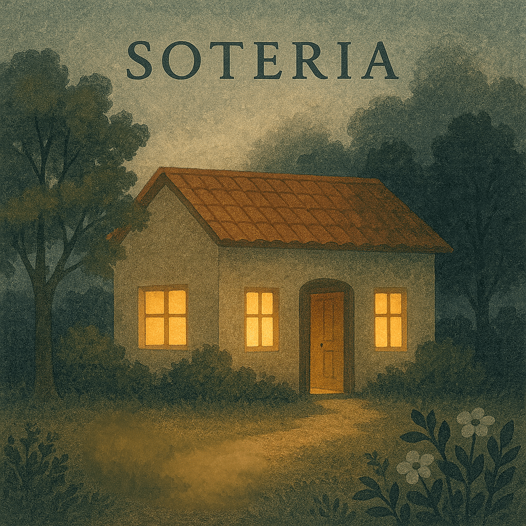 ymbolische Illustration zum Thema Soteria: Ein kleines, warm leuchtendes Haus steht in einem Garten bei Abenddämmerung, umgeben von Bäumen und Blumen. Weiches goldenes Licht fällt aus den Fenstern und der offenen Tür. Das Bild strahlt Geborgenheit, Gemeinschaft und stille Hoffnung aus.